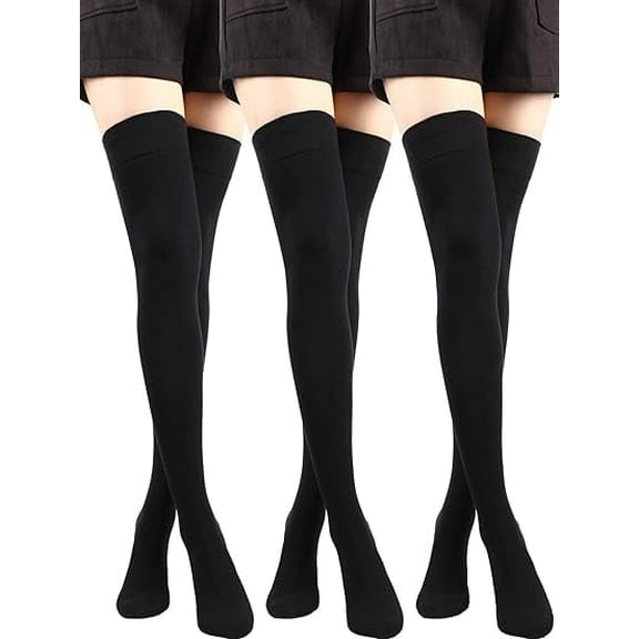 3 Pairs Thigh High Socks Cotton Over Knee Socks Knit Long Boot Stocking, Black, Uniform code