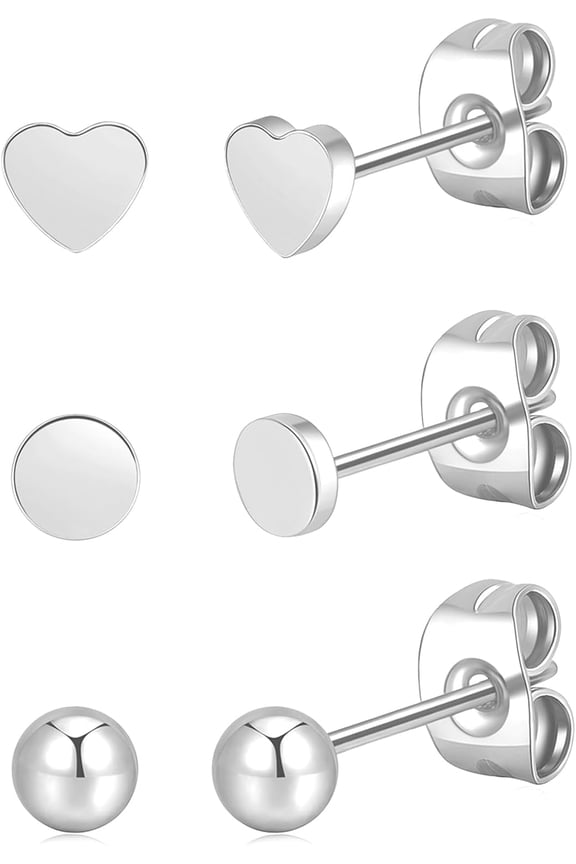 3 Pairs Titanium Gold Stud Earrings - Hypoallergenic Moon/Heart/Ball/Bsar/Flat Disc Small Studs Earring for Women Minimalist Silver Nap Earrings Tarnish Resistant Earrings