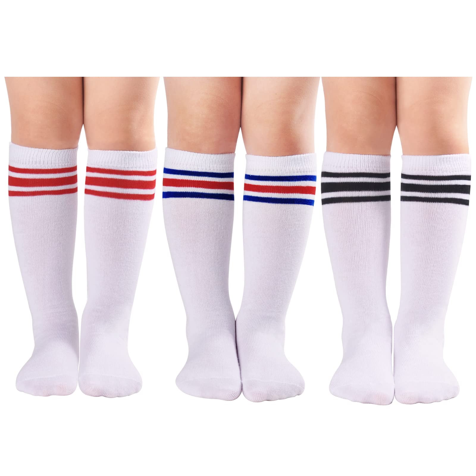 3 Pairs Toddler Knee High Socks Kids Soccer Socks Girls Three Stripes