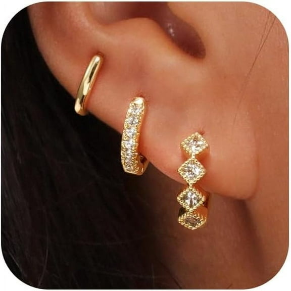 3 Pairs Top Silver 925 Women's Gold Earrings Set-Hoop Earrings, 925 Silver Ear Pin Hypoallergenic, 14K Gold Expertly Plated Earrings Set With Rhombic Zirconia, For Multiple Ear Holes[f124]