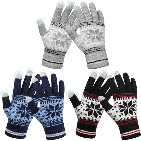 3 Pairs Touch Screen Gloves with Snow Flower Pattern, Warm Knit Winter Gloves Christmas Gifts Stocking Stuffers for Women