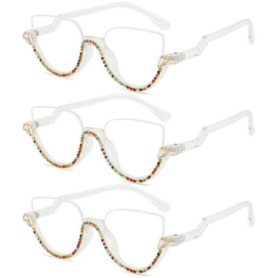 3 Pairs of Women Half Moon Blue Light Blocking Reading Glasses 6.00 Ladies Semi-Rimless Colorful Diamond Readers +6.00 Strength