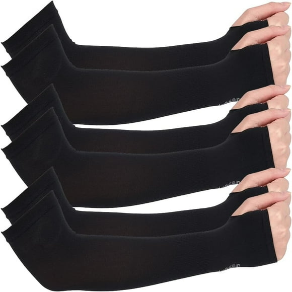 3 Pairs UV Compression Sun Protection Arm Sleeves Black Cooling Summer Sunscreen Outdoors Long Sleeve with Thumb Holes to Cover Tattoo for Women Men Sports Workouts Cycling Driving Baseball