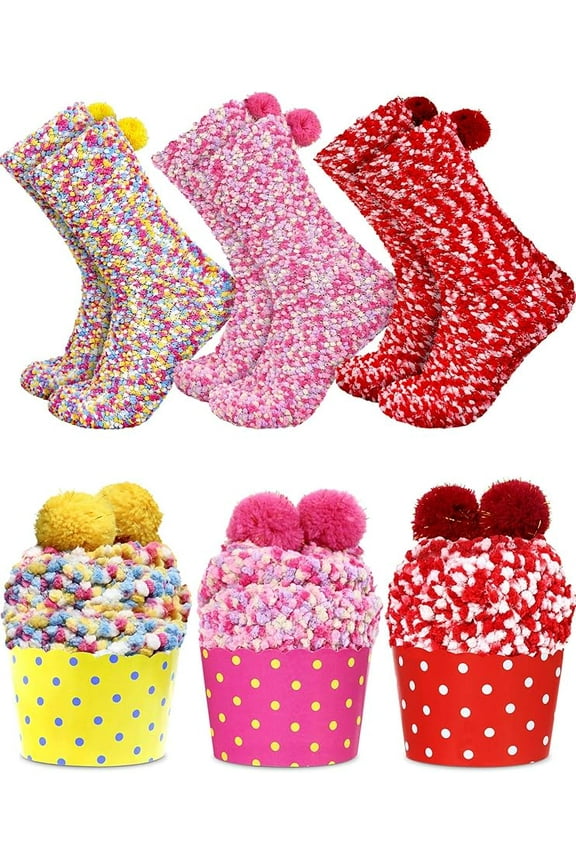3 Pairs Valentine's Day Cupcake Socks Fuzzy Socks with Cupcake Wrappers Presents for Women Girls DIY