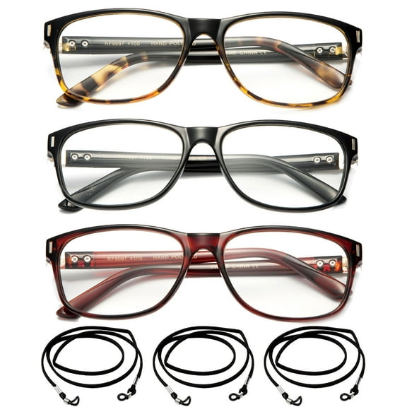 3 Pairs Value Pack with FREE Lanyard Medium to Large Frame High Quality Reading Glasses Rectangular Frame with Metal Stripe for Men & Women +1.00-+4.00