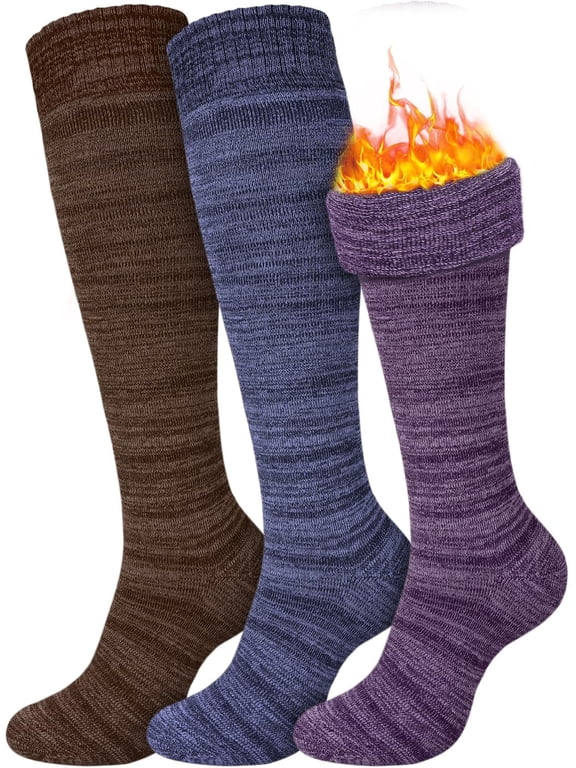 3 Pairs Warm Knee High Socks for Women - Thick Cotton Thermal Boot Socks for Hiking, Running, Work, Gifts, Winter