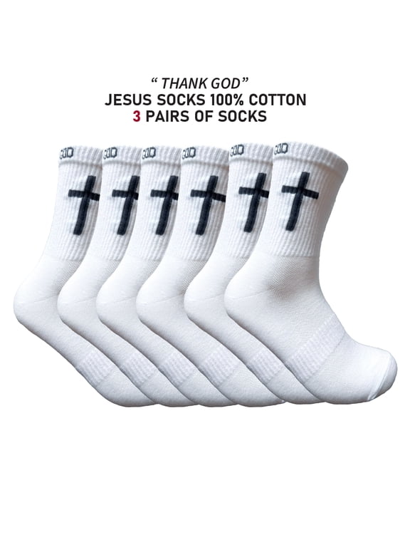 3 Pairs White Christian Cross Crew Socks with Thank God Cuff, 100% Cotton Faith Socks for Men and Women