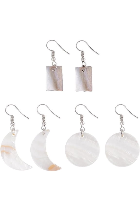 3 Pairs White Shell Earrings Round Shell Earrings for Women Natural White Sea Shell Silver Drop Dangle Earrings Women Female Gift Beach Jewelry for DIY