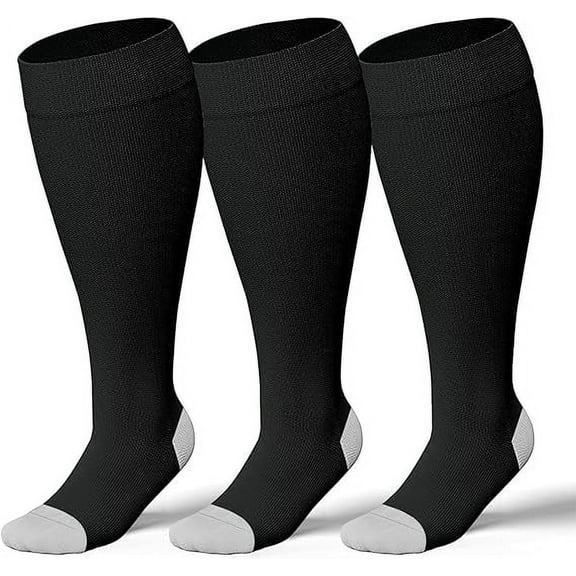 3 Pairs Wide Calf Compression Socks for Women & Men Extra Large Size Support Socks for Nurses Running Pregnant Travel,20-30 mmHg,3XL