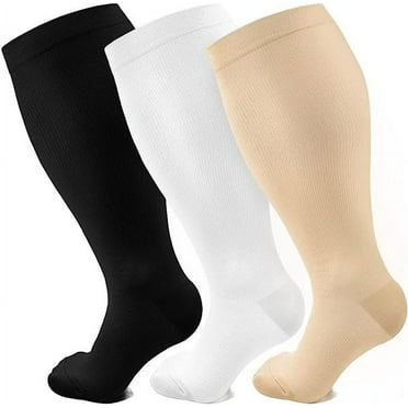 3 Pairs Wide Calf Nylon Compression Socks for Women&Men Plus Size 15-20mmHg Knee High Support Sock for Circulation (2XL,Multicolor)