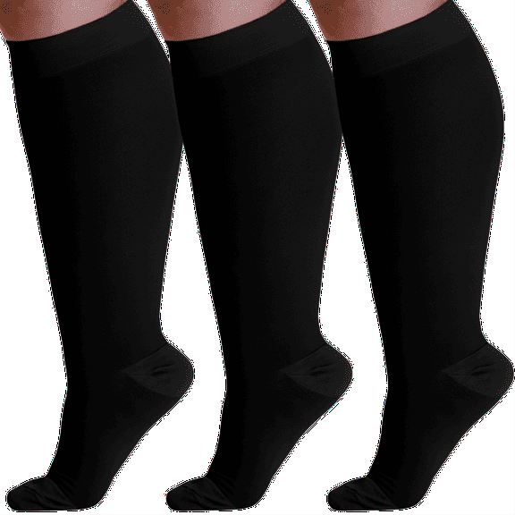 (3 Pairs) Wide Calf Unisex Compression Knee High 20-30mmHg - Black, 3X-Large