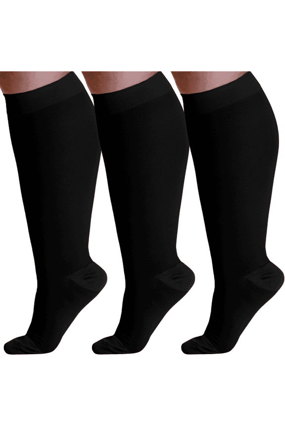 (3 Pairs) Wide Calf Unisex Compression Knee High 20-30mmHg - Black, 3X-Large