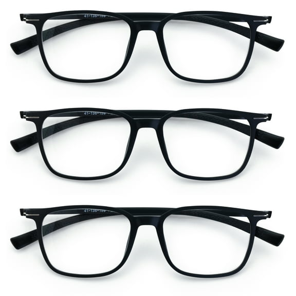 3 Pairs Wide Fitment Men Reading Glasses - Super Lightweight TR90 Frame With Extended Temple - Clear Lens Reader Black +2.00