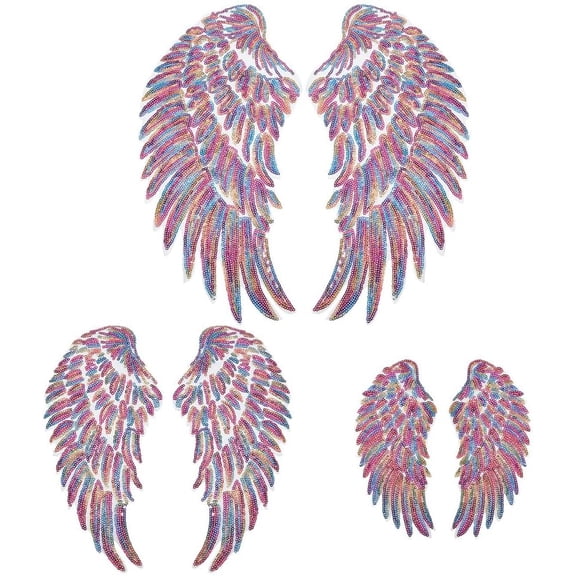 3 Pairs Wing Sequin Cloth Patches 3 Sizes Fuchsia Angel Wing Appliques Glitter Sewing Costume Decoration Embroidered Motif for DIY Clothes for DIY