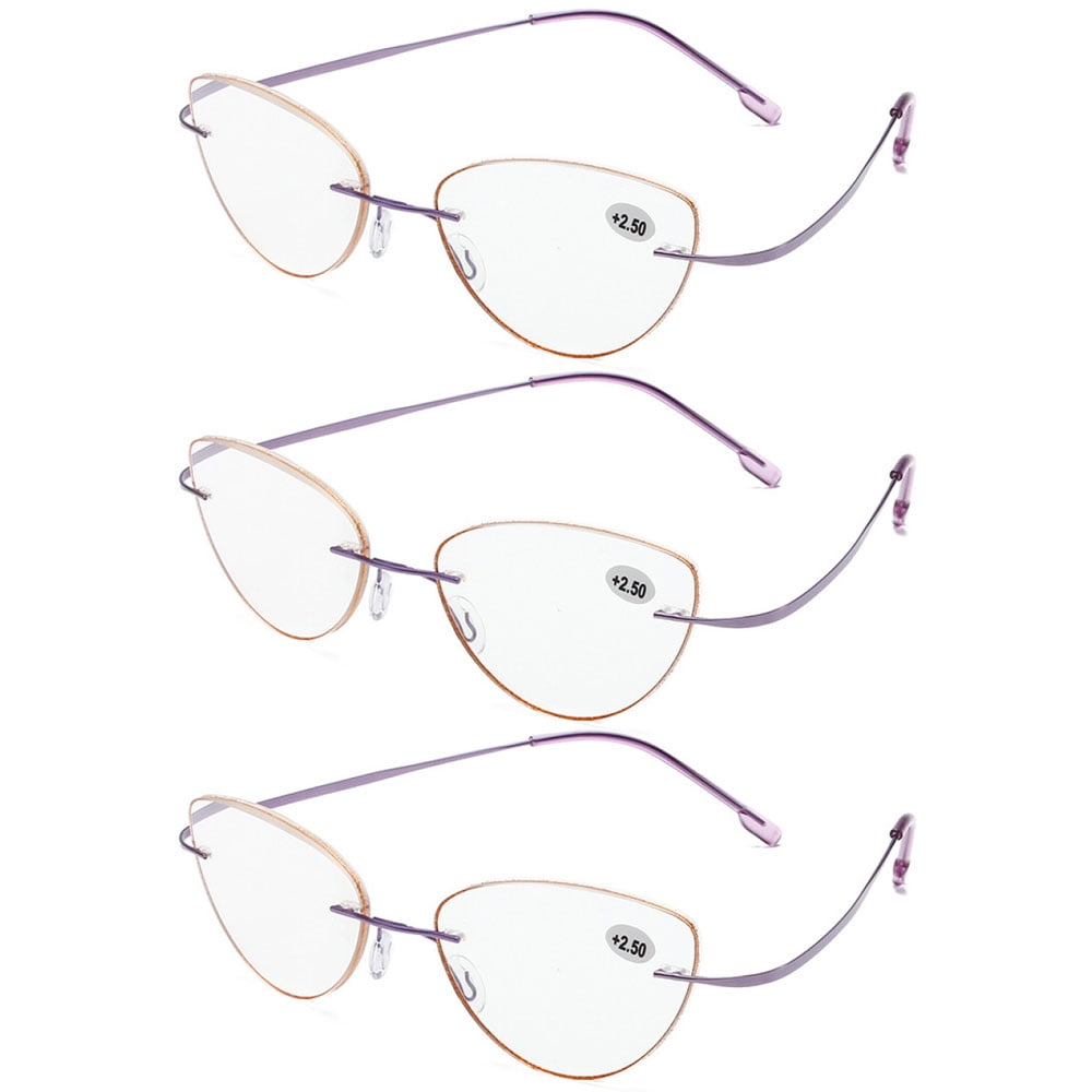 3 Pairs of Women Bling Glitter Around Rimless Flexible Cat Eye Reading Glasses 2.50 Ladies Anti-blue Light Purple Titanium Alloy Readers 2.50 Strength