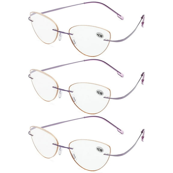 3 Pairs of Women Bling Glitter Around Rimless Flexible Cat Eye Reading Glasses 3.50 Ladies Anti-blue Light Purple Titanium Alloy Readers 3.50 Strength