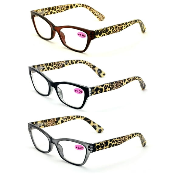 3 Pairs Women Bold Leopard Reading Glasses - Fun Cateye Clear Lens Readers - Spring Hinge