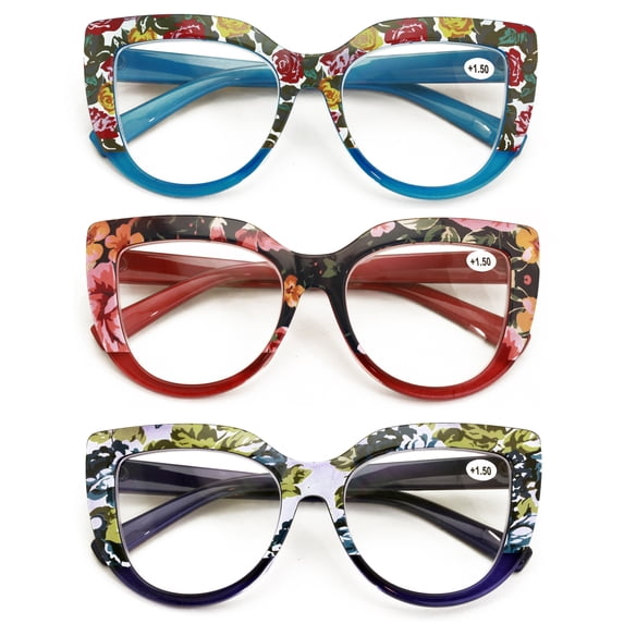 3 Pairs Women Bold Oversized Floral Reading Glasses - Fashion Vintage Readers DR05 +2.50