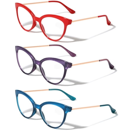 3 Pairs Women Cateye Pointed Tip Reading Glasses - Metal Temple Cat Eye Readers +1.75