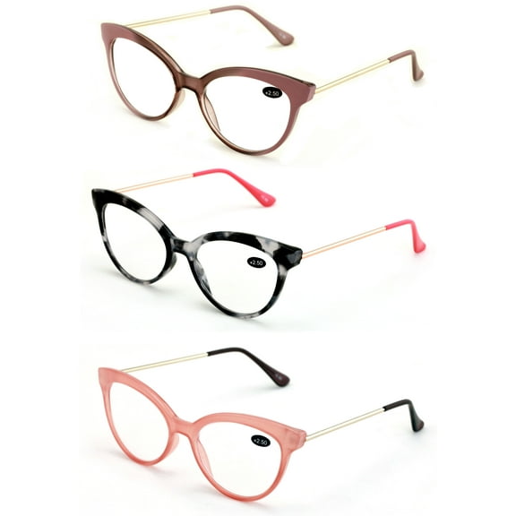 3 Pairs Women Cateye Pointed Tip Reading Glasses - Metal Temple Cat Eye Readers