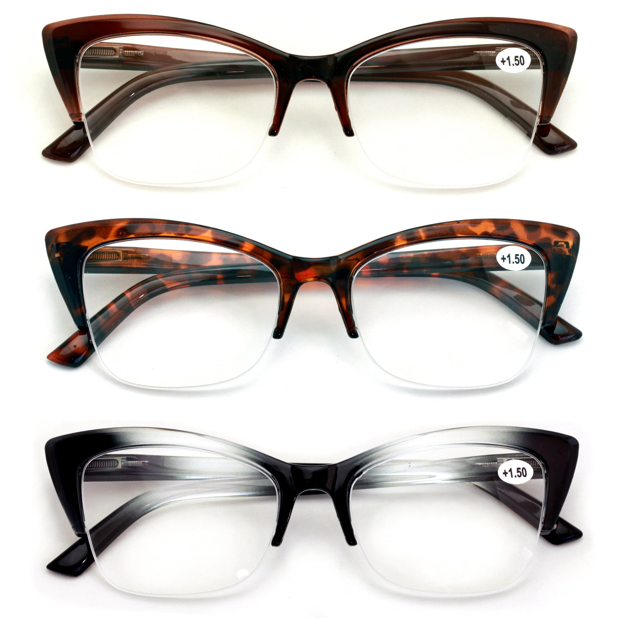 3 Pairs Women Cateye Reading Glasses HalfRim Stylish Comfortable