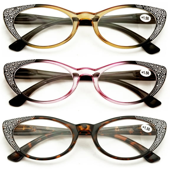 3 Pairs Women Cateye Reading Glasses Rhinestones - Stylish Comfortable Reading Glasses DR04 +3.50