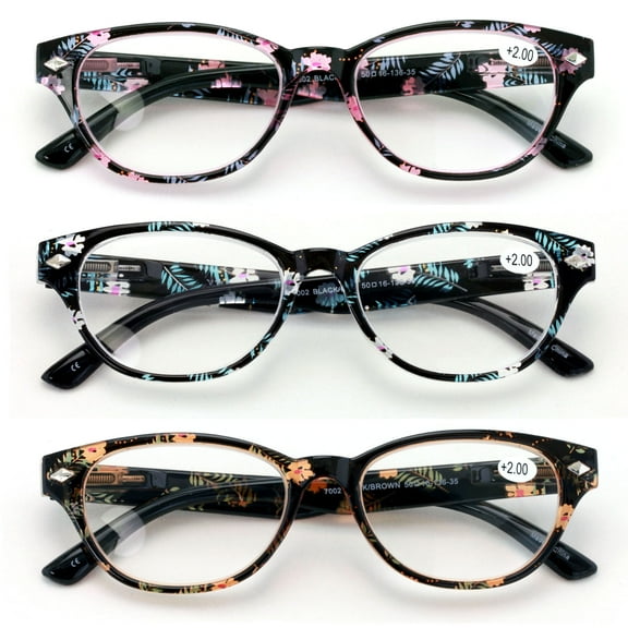 3 Pairs Women Classic Floral Readers With Spring Hinge - Oval Reading Glasses Clear Magnification +2.25
