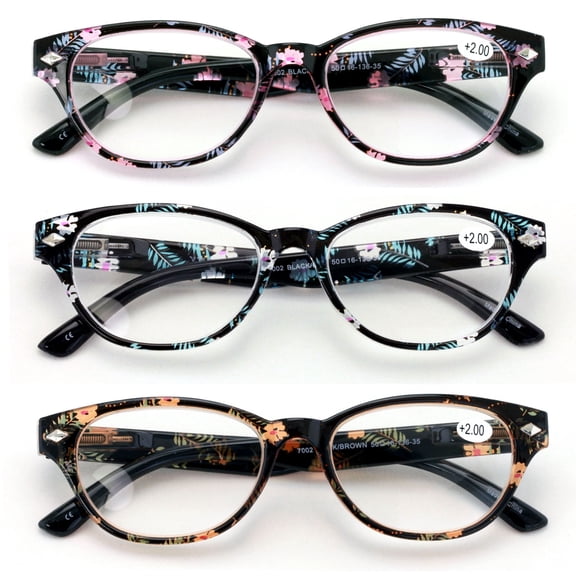 3 Pairs Women Classic Floral Readers With Spring Hinge - Oval Reading Glasses Magnification