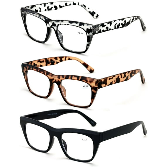 3 Pairs Women Clear Lens Reading Glasses - Bold Vintage Thick Leopard Readers +2.00