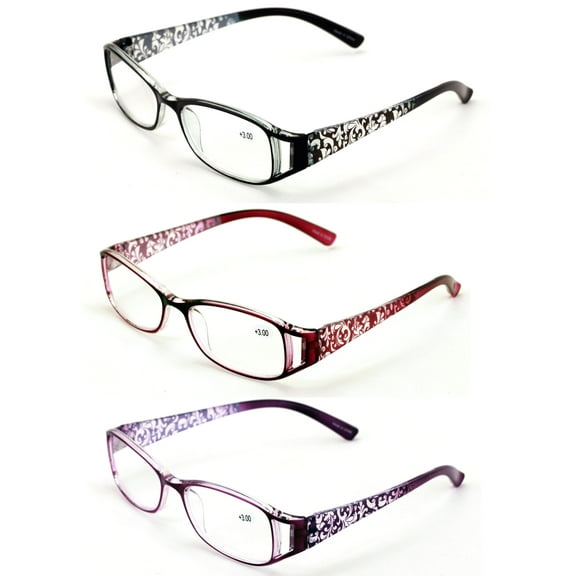 3 Pairs Women Flower Temple Floral Readers - Fashion Reading Glasses Clear Magnification - Black Maroon Purple +3.00