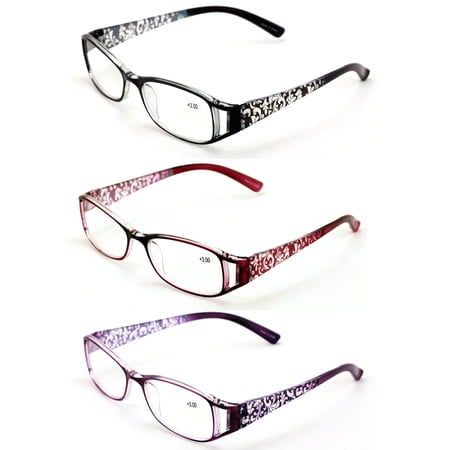 3 Pairs Women Flower Temple Floral Readers - Fashion Reading Glasses Magnification - Black Maroon Purple