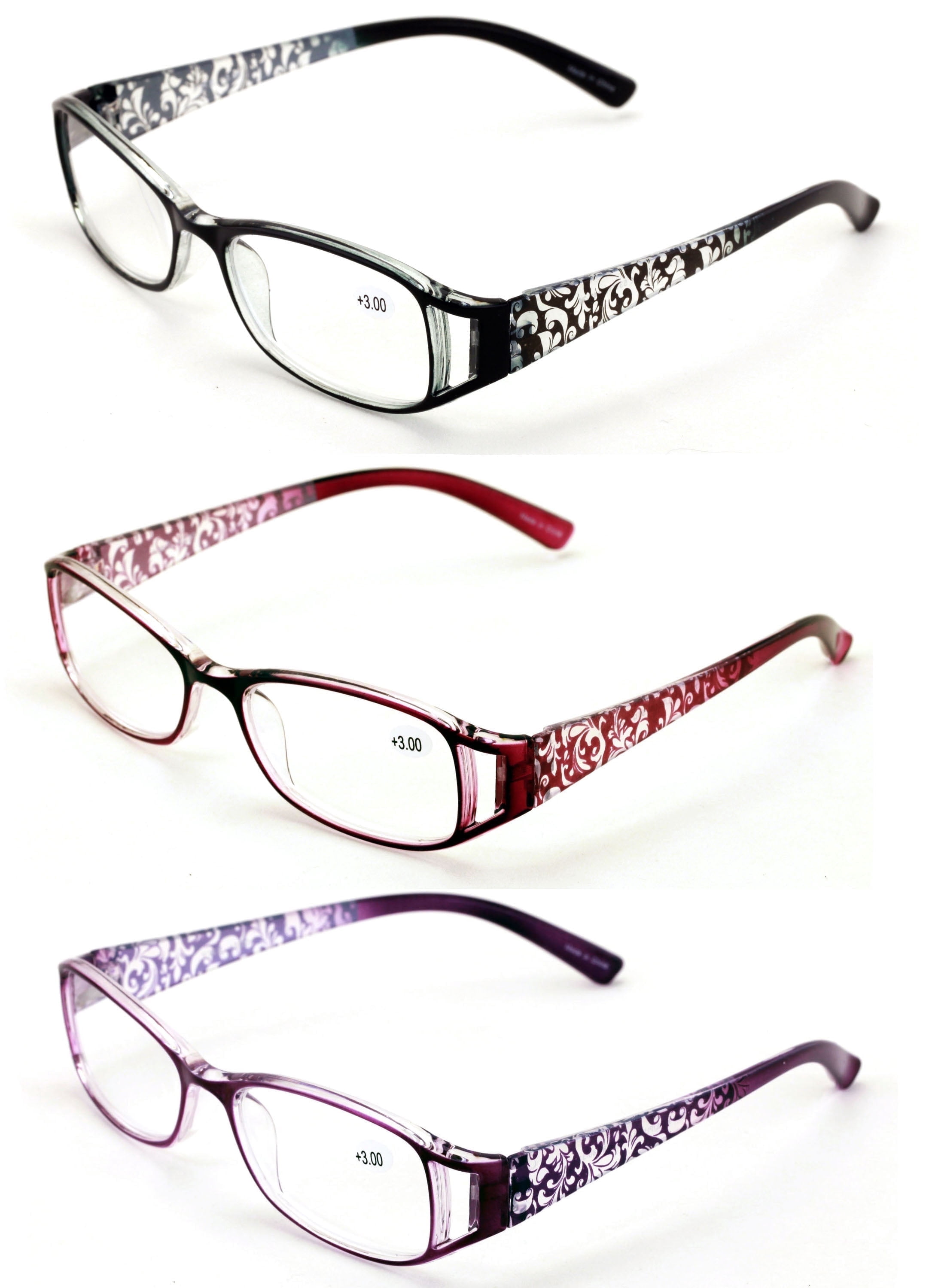 3 Pairs Women Flower Temple Floral Readers - Fashion Reading Glasses Black Maroon Purple +4.00