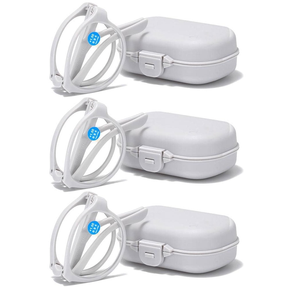 3 Pairs of Women Gray White Spring Hinge Folding Reading Glasses HD Fashion Anti-Blue Light Presbyopia Glasses Square Plastic Foldable Readers with Case +1.00
