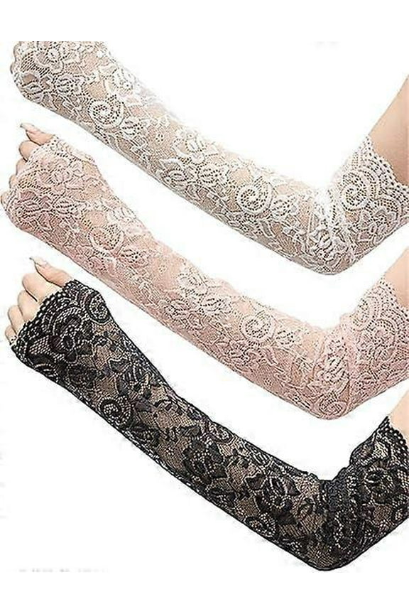 3 Pairs Women Lace Arm Sleeves Long Lace Gloves Fingerless Arm Covers Warmers Black White Pink
