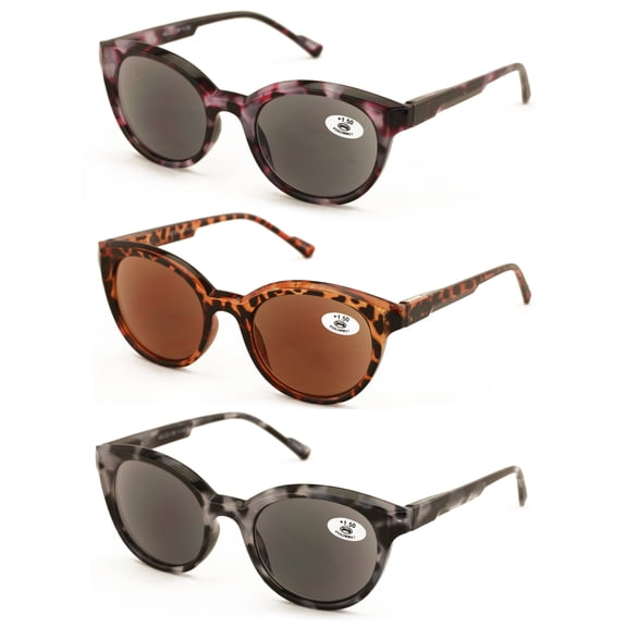 3 Pairs Women Leopard Marble Print Fully Magnified Round Sunglasses Reader - Spring Hinge UV Glasses +1.50