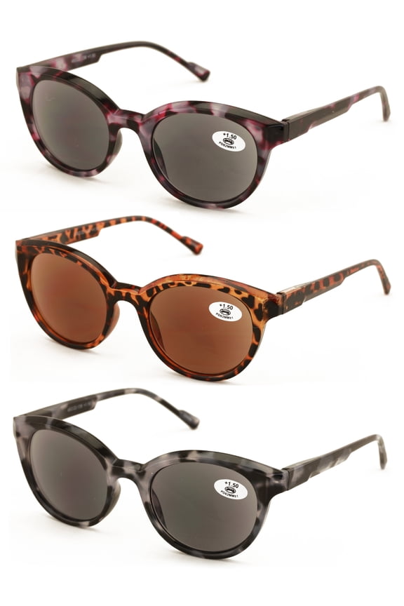 3 Pairs Women Leopard Marble Print Fully Magnified Round Sunglasses Reader - Spring Hinge UV Glasses +2.00