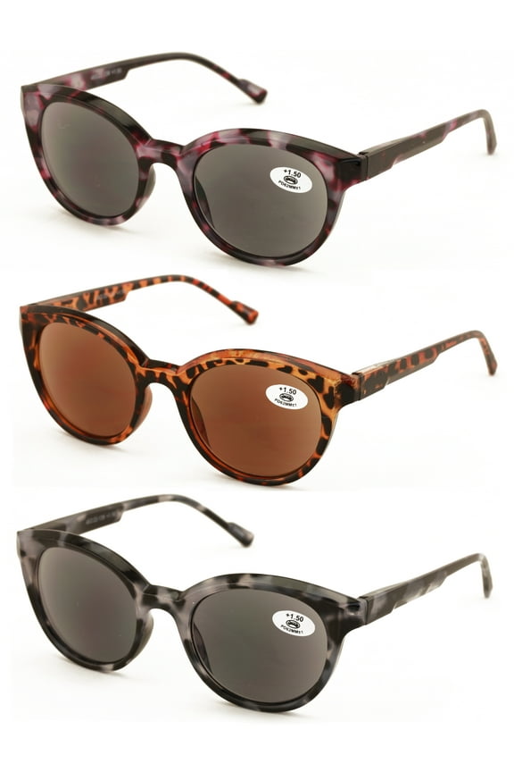 3 Pairs Women Leopard Marble Print Fully Magnified Round Sunglasses Reader - Spring Hinge UV Glasses +3.00