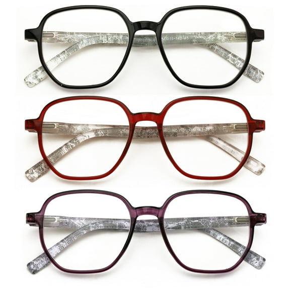 3 Pairs Women Lightweight Hexagon Wide Oversized Reading Glasses - Clear Reader Marble Temple Spring Hinge 7021 +1.00