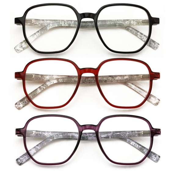 3 Pairs Women Lightweight Hexagon Wide Oversized Reading Glasses - Clear Reader Marble Temple Spring Hinge 7021 +3.00