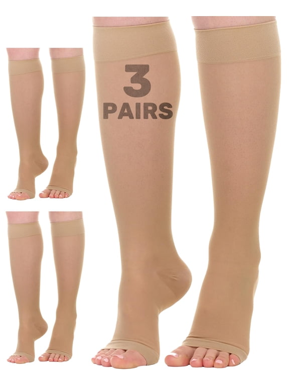 (3 Pairs) Women Open Toe Sheer Compression Stockings 20-30mmHg Beige, 2X-Large