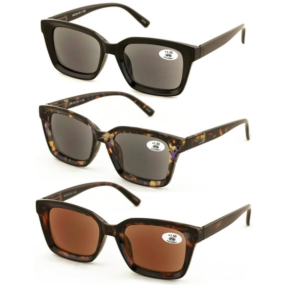 3 Pairs Women Outdoor Reading Sunglasses Lightweigh Full Lens Readers - Outdoor UV Protection Square +1.00