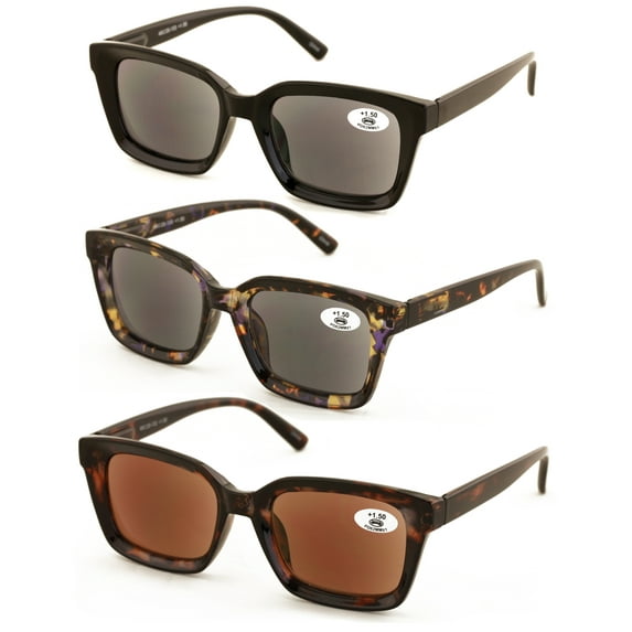 3 Pairs Women Outdoor Reading Sunglasses Lightweigh Full Lens Readers - Outdoor UV Protection Square +1.25