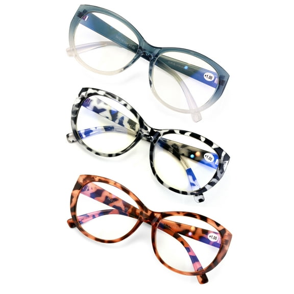 3 Pairs Women Oversized Reading Glasses - Anti UV Blue Ray Fatigue Computer Readers 0.00