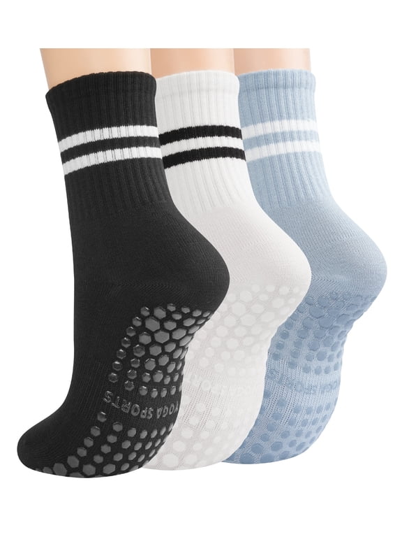 Women's Pilates Socks with Grips Grippy Yoga Ballet Barre Hospital Gym Athletic Socks 3 Pairs