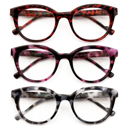 3 Pairs Women Round Marble Tortoise Reading Glasses - Comfotable Spring Hinge Clear Lens Reader ZT108 +1.75
