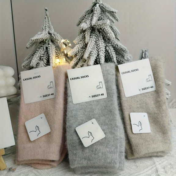3 Pairs Women'S Mid-Calf Warm Socks | Solid Color, Fabric, Suitable for Fall/Winter, Hand Wash Only
