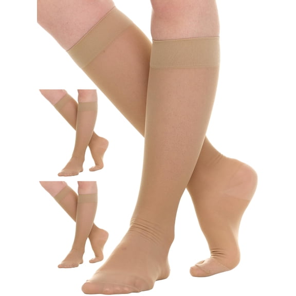 (3 Pairs) Women Sheer Compression Socks for Circulation 15-20mmHg Beige, Medium