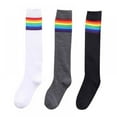 thumbnail image 1 of 3 Pairs Women Striped Socks Cotton Socks Warm Socks Jacquard Knee Socks Rainbow Pile Socks in Tube Socks Warm Knee Stockings, 1 of 7