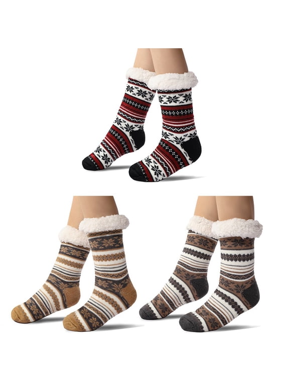 3 Pairs Women Teens Girls Winter Thick Slipper Socks Non Slip Warm Fluffy Fleece Lined Socks Christmas Stockings Cozy Fuzzy Sleeping Socks Indoor Floor Socks Christmas Gifts For Women Big Girls