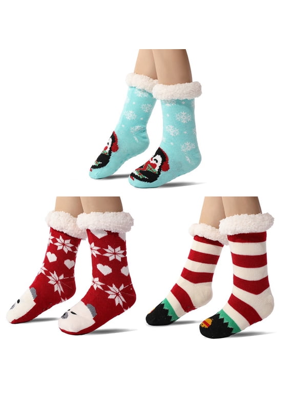 3 Pairs Women Teens Girls Winter Thick Slipper Socks Non Slip Warm Fluffy Fleece Lined Socks Christmas Stockings Cozy Fuzzy Sleeping Socks Indoor Floor Socks Christmas Gifts For Women Big Girls